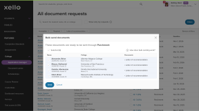 Click to enlarge All documents requests page with the Bulk send documents modal open. There are 4 letters of recommendation ready to send.